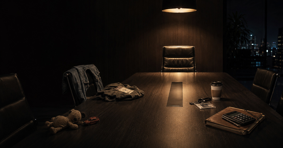 An after-hours boardroom where objects from earlier life stages remain at the table.